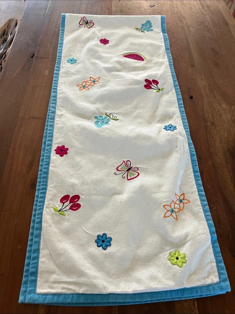White Embroidered Floral Table Runner with Blue Trim